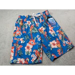 Kanu Surf Fiji Mens Size L Board Shorts Royal Blue Tropical Parrot Floral NWT